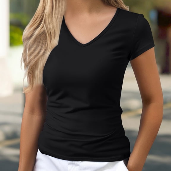 LIZUOJUN Women's Short sleeve T-shirt Slim Fit V Neck Basic Tops Solid Color Casual Lightweight Summer Shirts,Black L