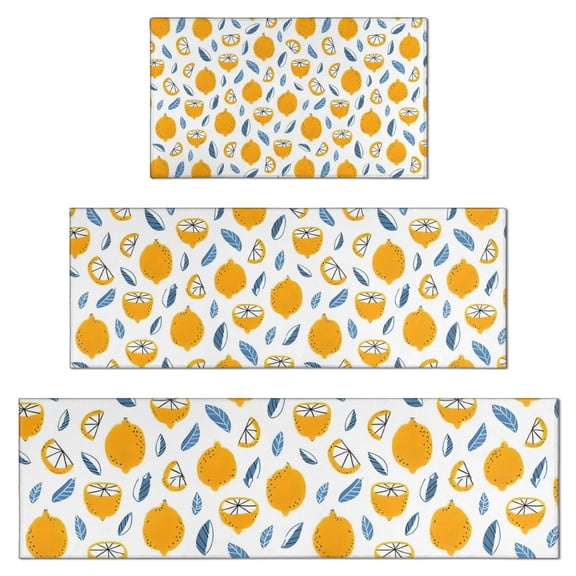 Yellow Lemon Fruit Slices White Pattern Kitchen Rugs Sets Of 3,Kitchen Runner Rugs Non Skid Washable,Decorative Kitchen Floor Mats for Kitchen,Sink,Laundry,17"x30" 17"x47" 17"x59"