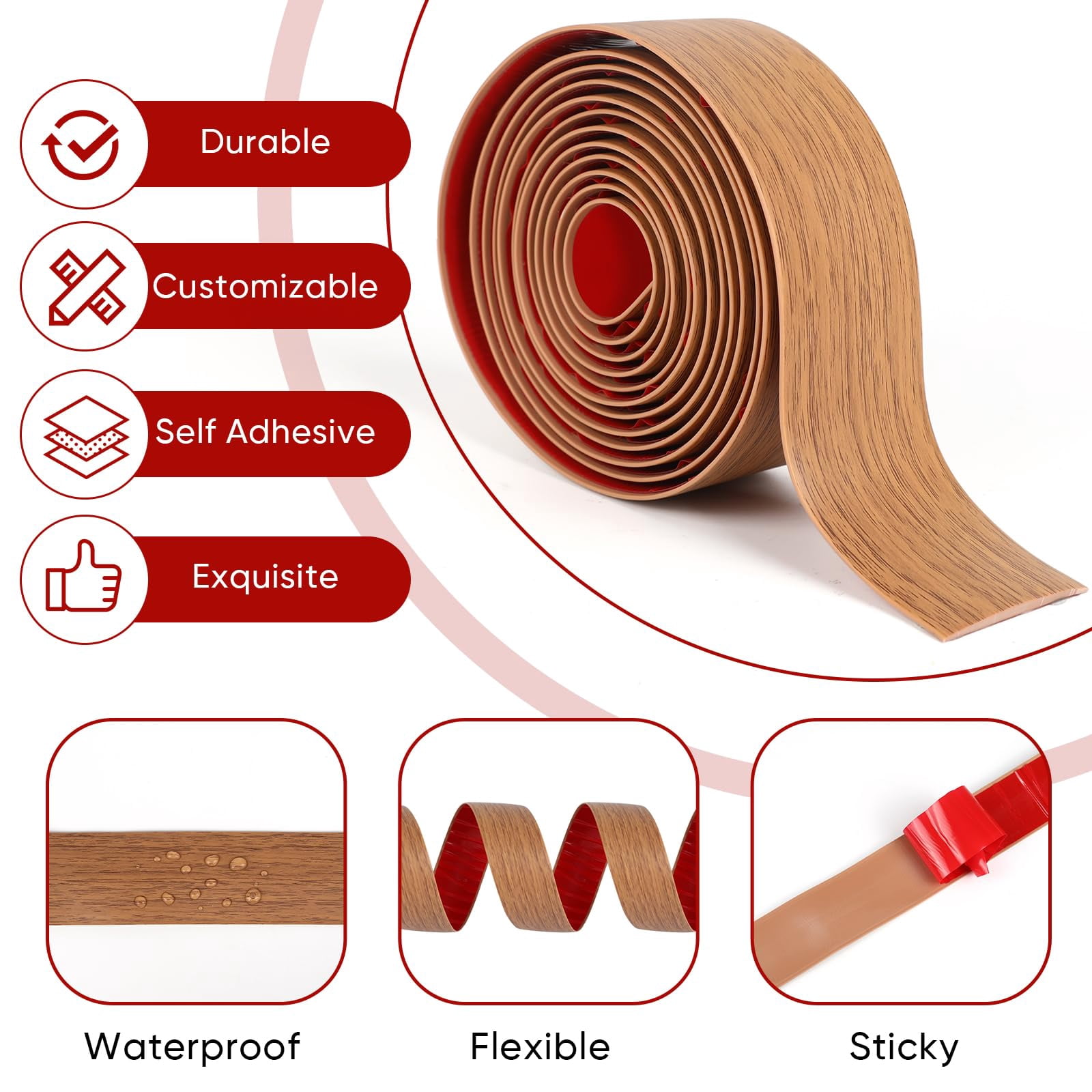 Vinyl Floor Transition Strip Trim Brown Wood Grain 2"-20 FT Self Adhesive Flooring Divider