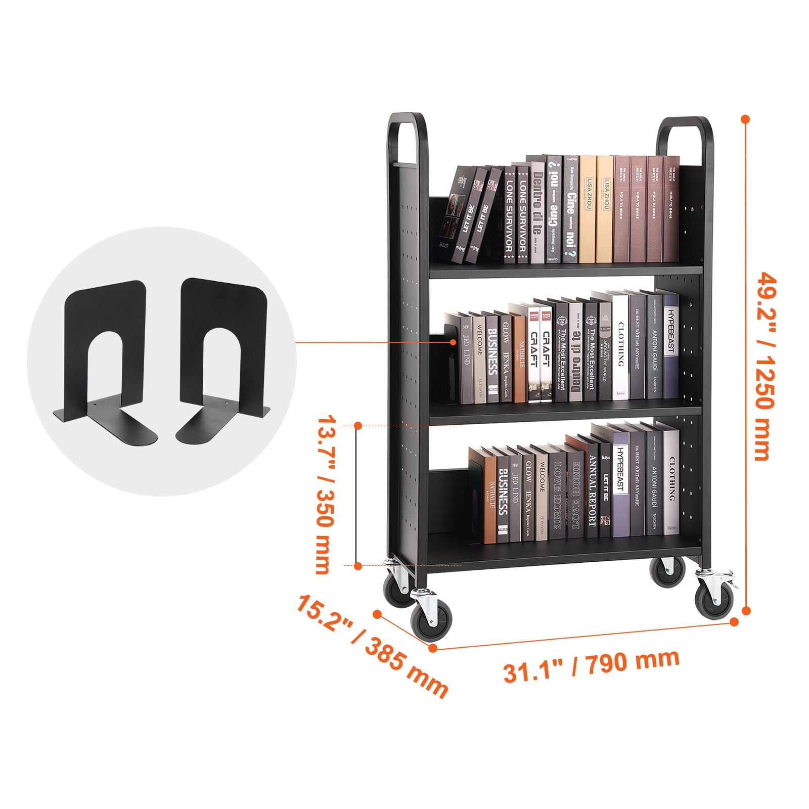 BENTISM Book Cart, 330 lbs Library Cart, 31.1" x 15.2" x 49.2" Rolling Book Cart, Single Sided L-Shaped Flat Shelves with 4-Inch Lockable Wheels for Home Shelves Office and School,Black