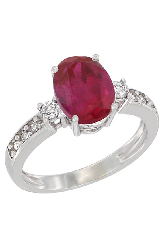 10K White Gold Natural High Quality Ruby Ring Oval 9x7 mm Diamond Accent, size 7.5