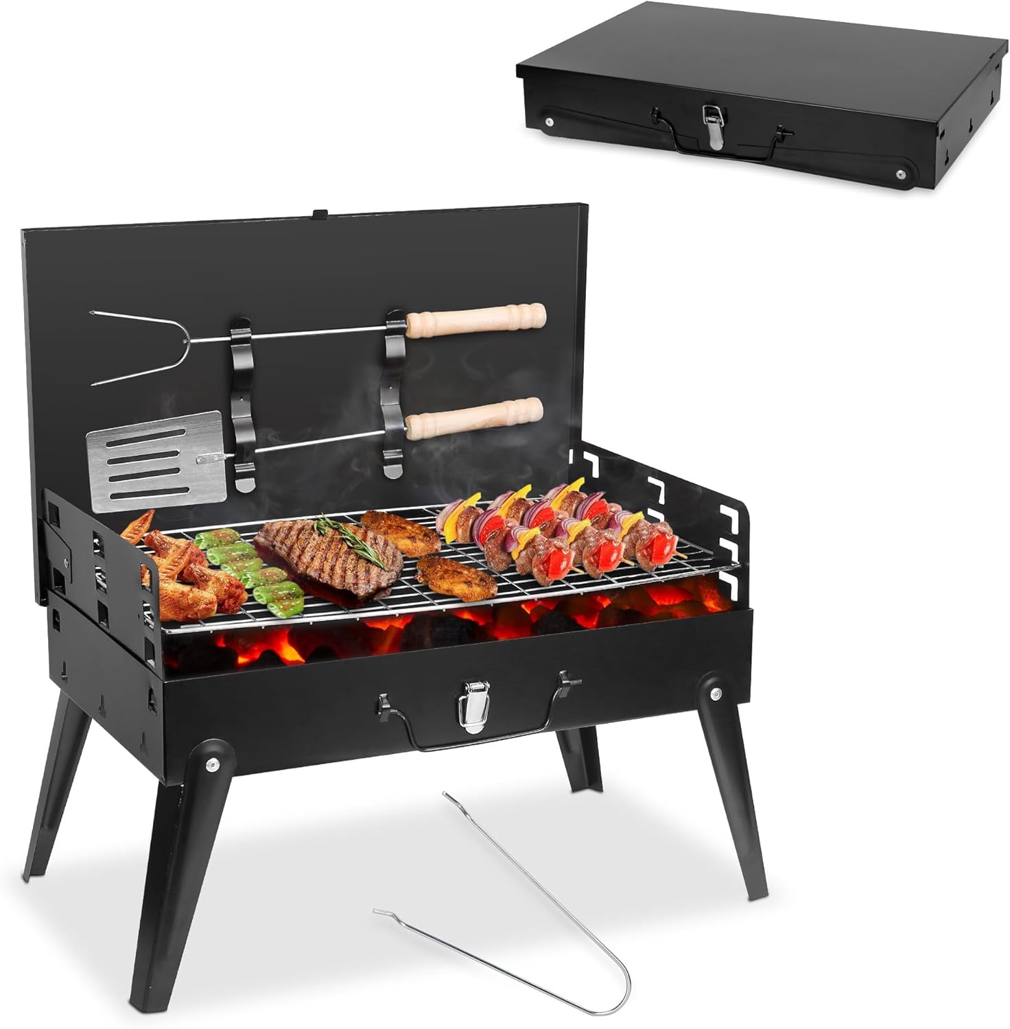 Portable Charcoal Grill, Foldable BBQ Grill Tabletop Lightweight Iron Charcoal Grill with Vent/Foldable Legs for Outdoor Camping Picnics Patio Tailgating Travel Garden Grilling with Shovel Fork Hooks