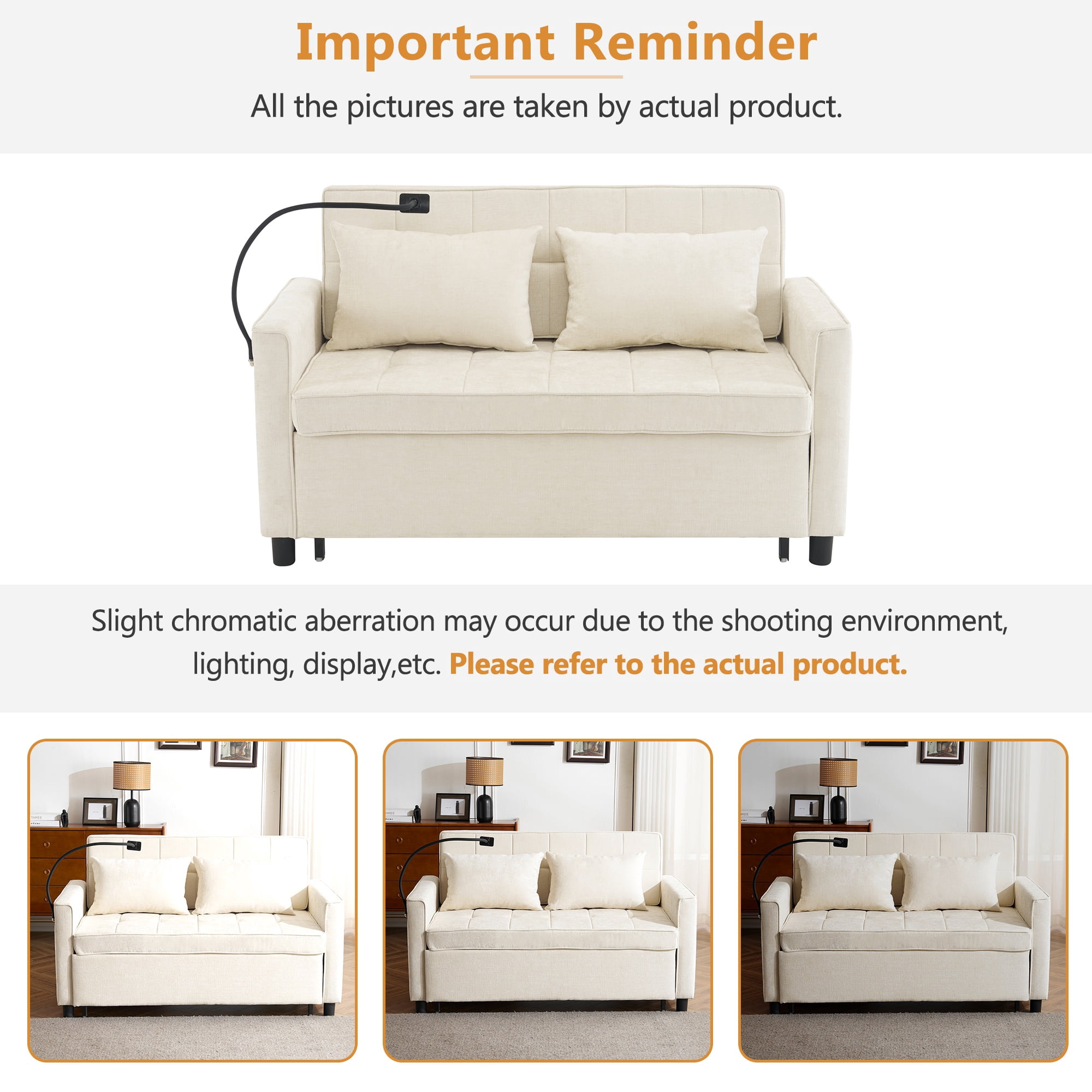 3 in 1 Convertible Sofa Bed, Pull Out Couch with Phone Holder & Backrest Cushion, Loveseat Sleeper for Living Room, Little Apartment, Bedroom, Beige