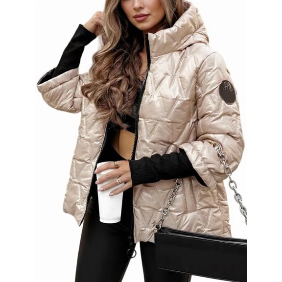 Women'S Hooded Puffer Jackets Long Sleeve Warm Down Jackets for Womens Puffer Jacket Champagne Color L