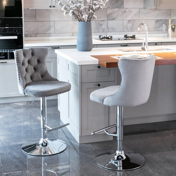 Nmkwnr 2 Pack Swivel Velvet Bar Chair with Metal Frame, Adjusatble Height Bar Stools for Bar, Dining Room, Gray