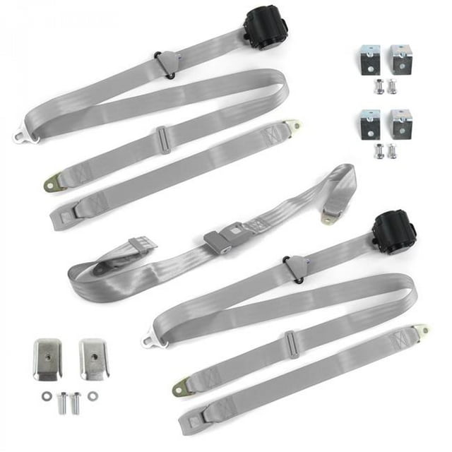 Jeep Commando 1966-1973 Standard 3 Point Gray & Grey Retractable Bench Seat Belt Kit with Bracketry - 3 Belts
