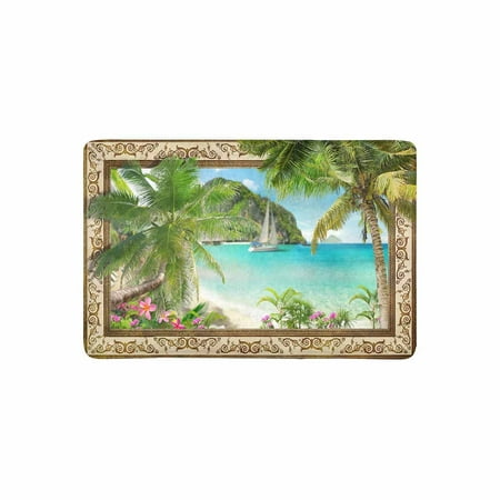 MKHERT Frame with Tropical Palm Trees Sailboat and Pulmeria Flowers Doormat Rug Home Decor Floor Mat Bath Mat 23.6x15.7 inch