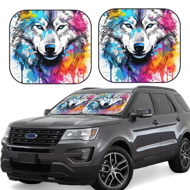 Fotbe Cool Colorful Wolf Juego de 2 Piezas de Parasoles para Parabrisas | Bloqueador Solar para Auto | Accesorios Plegables para Protección Solar Interior-Medium