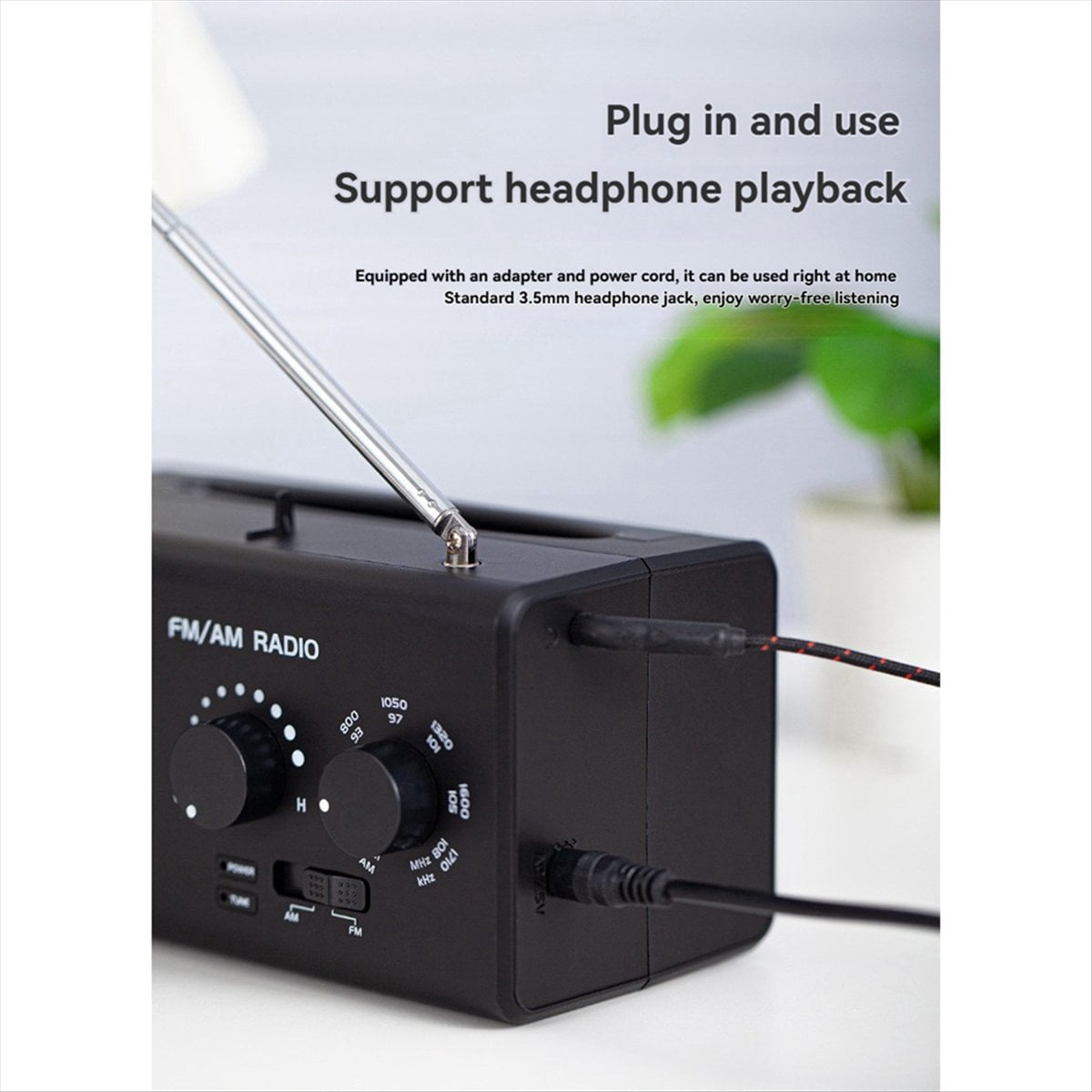Portable AM/FM Radio Transistor Radio Loud Speaker Large Tuning Knob Headphone Jack for Home Outdoor Emergency, US PLUG,1 x AM/FM Radio 1 x USB cable 1 x Power plug,Black