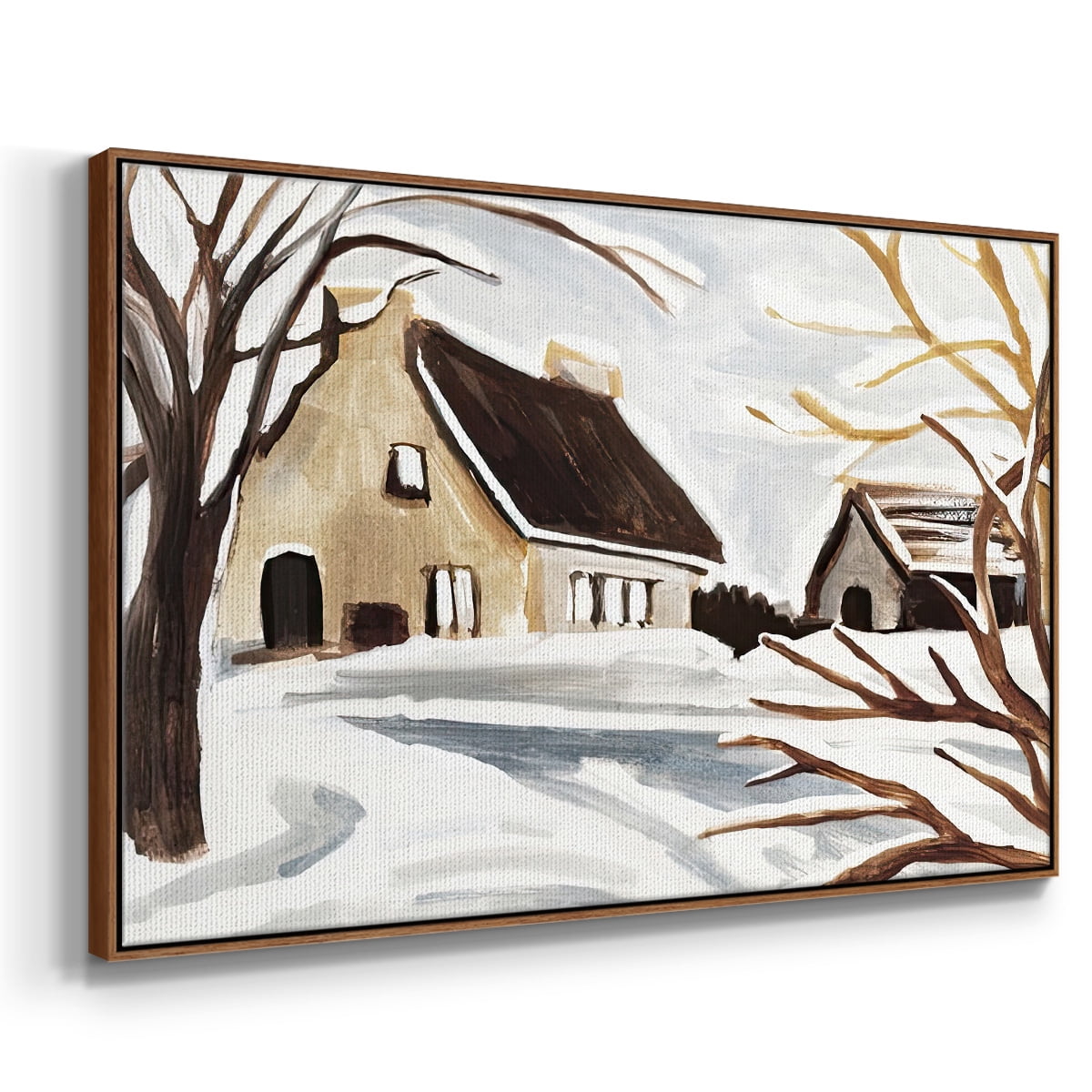 Winter Cottage II - Framed Gallery Wrapped Holiday Canvas - 25 x 37 - Rosewood Frame