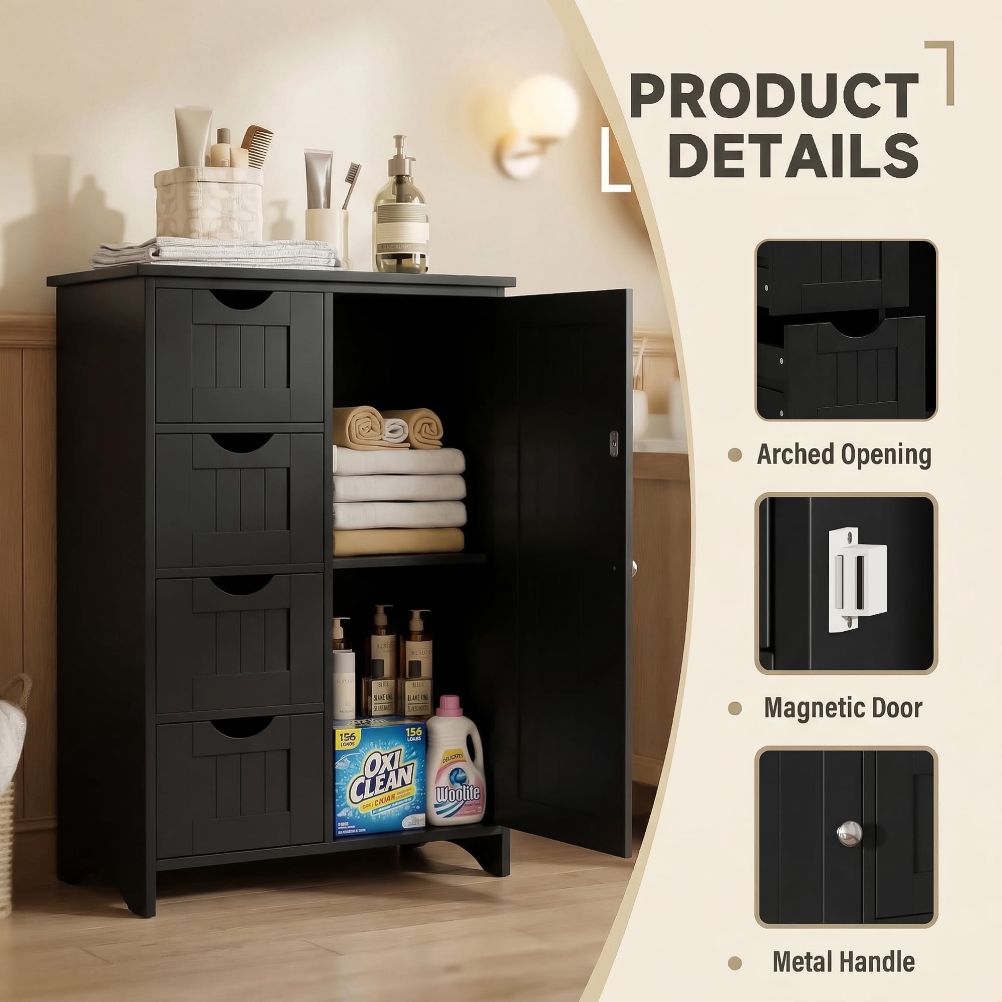 Furmax Wooden Bathroom Floor Cabinet with 4 Drawers, 1 Adjustable Shelf & 1 Cupboard，Side Storage Organizer Storage Cabinet for Bathroom, Entryway, Black