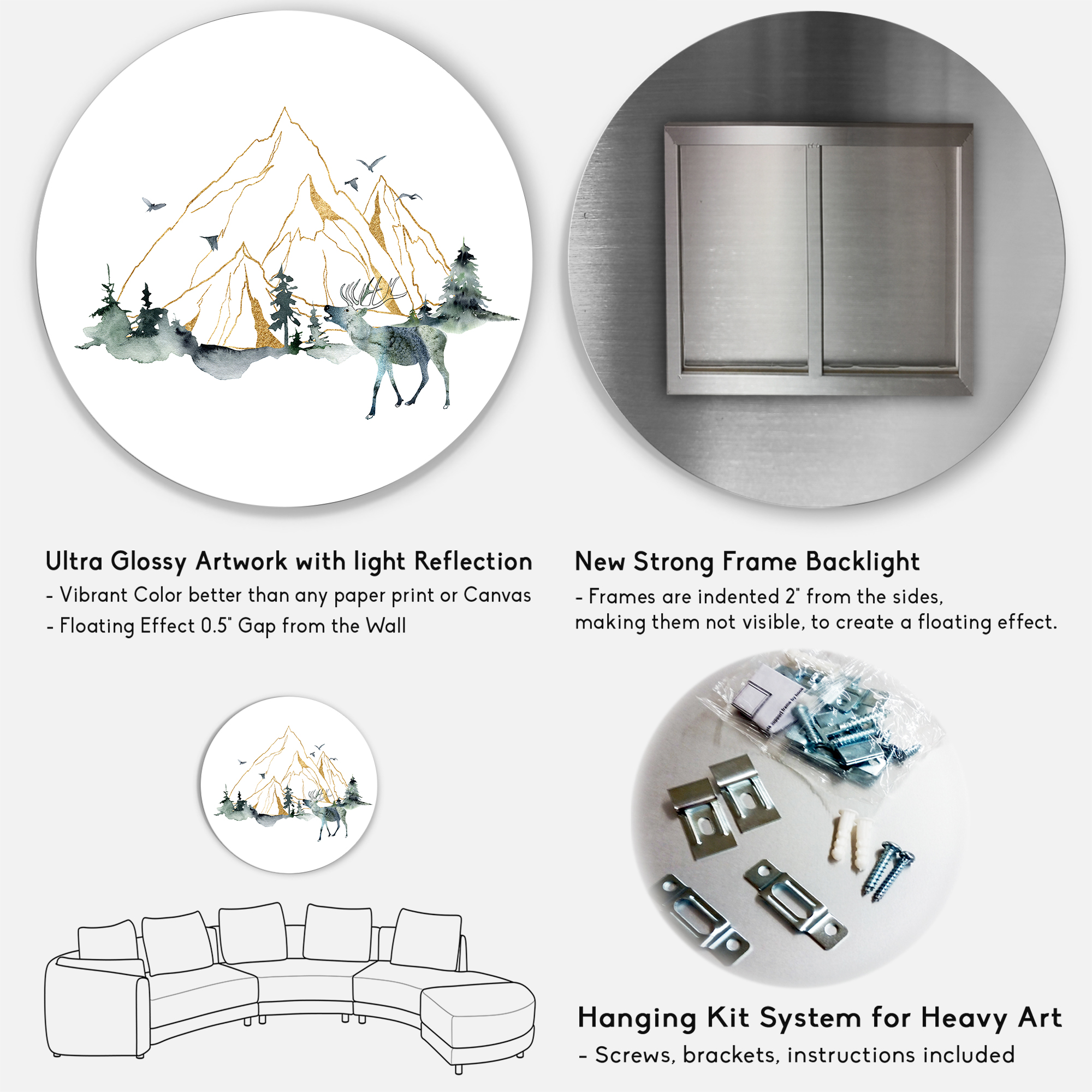 Designart 'Minimalistic Landscape of Forest Deer and Mountains' Modern Circle Metal Wall Art 23x23 - Disc of 23