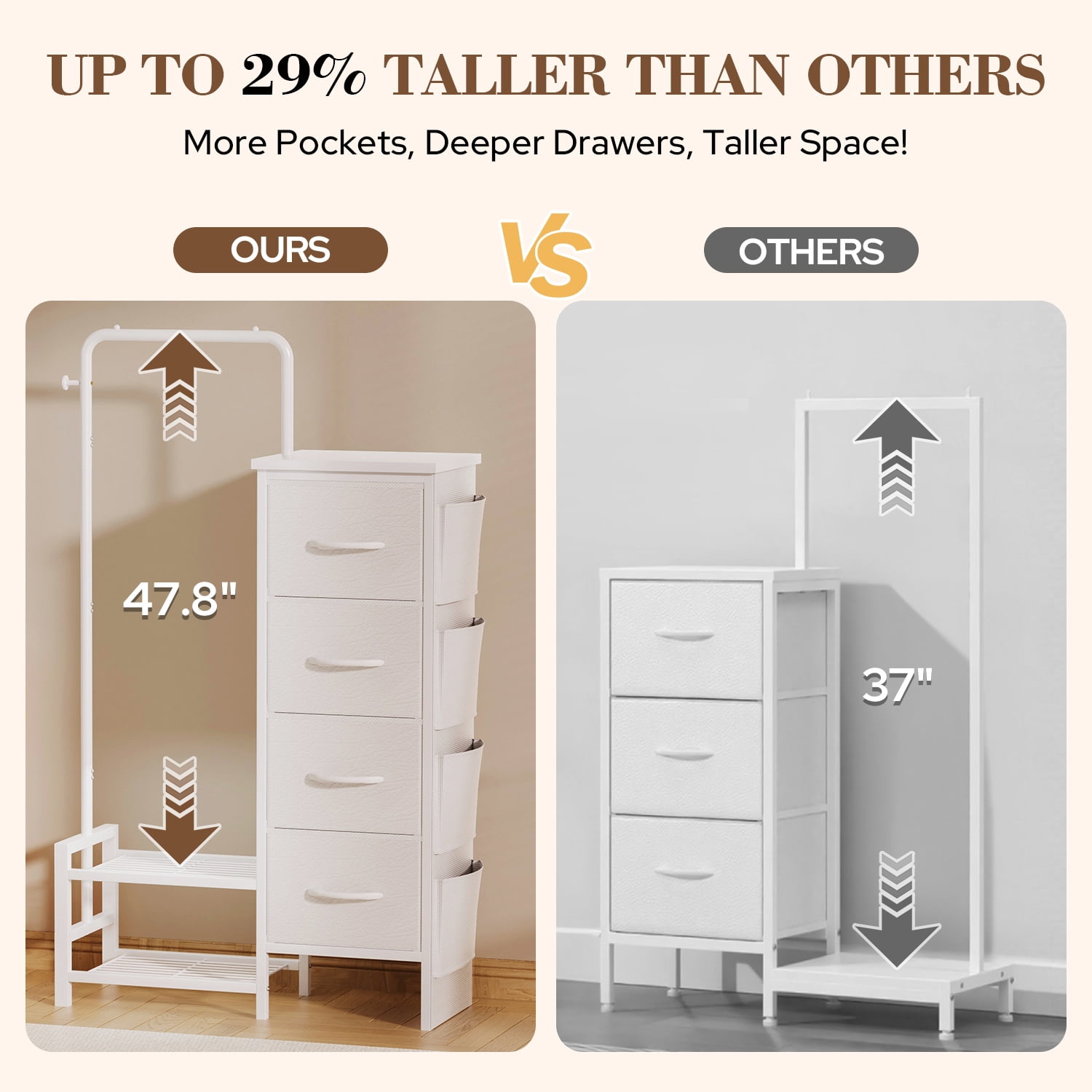 UNTIMATY Dresser with Hanging Rack White Fabric Dresser for Bedroom with Hanging Rack and 4 Drawers Dresser with Side Pockets