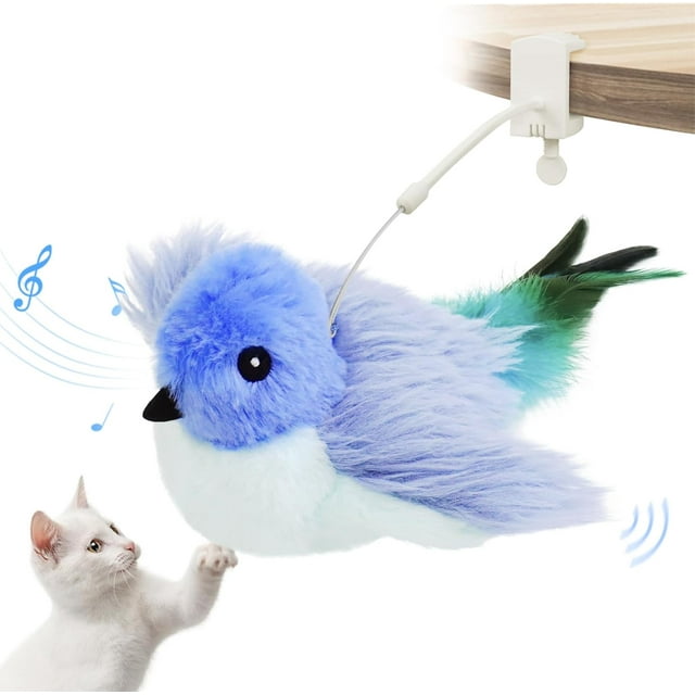 Oiseau Battant Réaliste Bécasseau Chantant Jouet Interactif pour Chat de Toutes Races Jouet à l'Herbe à Chat Rechargeable
