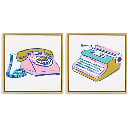 Stupell Industries Vintage Rotary Phone Typewriter Drawing Entertainment Painting Gold Floater Framed Canvas Art Print Wall Art 25 x 25 Set of 2