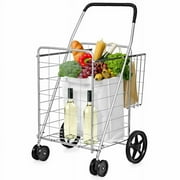 SUGIFT Folding Shopping Cart W/Swiveling Wheels and Dual Storage Baskets Silver