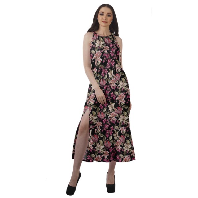 Moomaya Robe de Vacances Sans Manches en Rayonne à Col Halter avec Fente avant pour Femmes