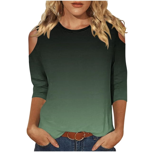 QIPOPIQ Womens Tops 3/4 Sleeve Shirts Round Neck Loose Casual Blouses Gradient Print Tshirts Clearance
