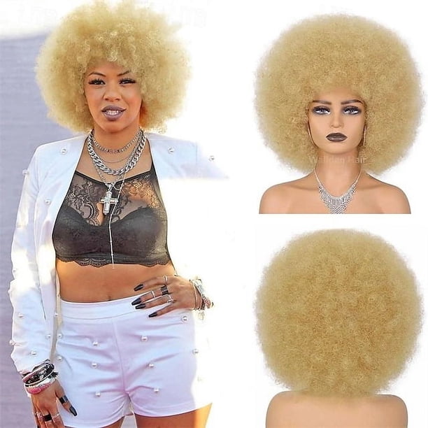 Zhuge Peluca afro suave de los años 70 para mujeres Pelucas de cabello afro rizado con flequillo Peluca afro de cabello sintético Peluca afro para uso diario en fiestas, rubia