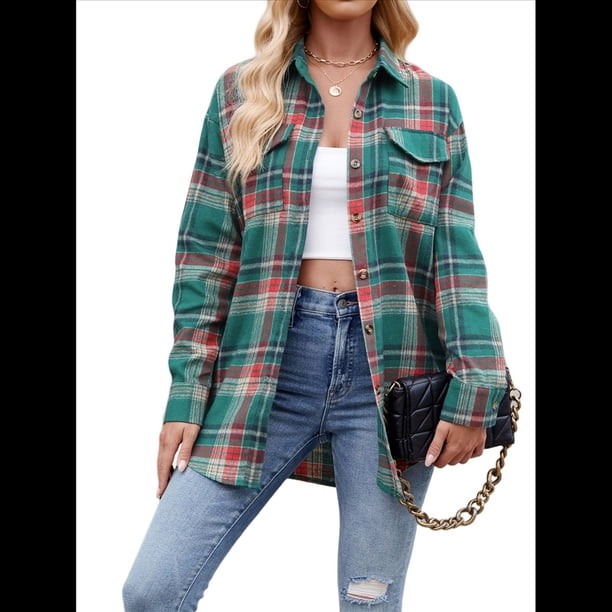 Camisas Clásicas de Franela A Cuadros con Botones para Mujer, Blusas Informales Extragrandes de Larga para Negocios. Verde Oscuro XXL