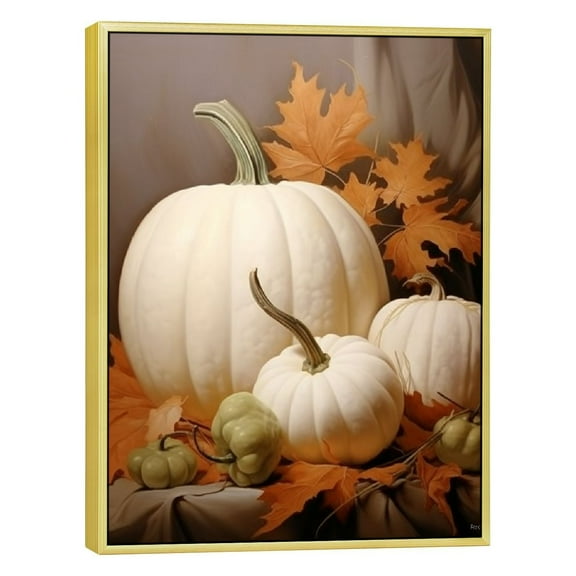 JRXY Farmhouse Fall Canvas Wall Art White Pumpkin Still Life Painting Pictures Rustic Farm Pumpkin Fall Leaves Posters Halloween Thanksgiving Autumn Wall Print Decor 12x16in