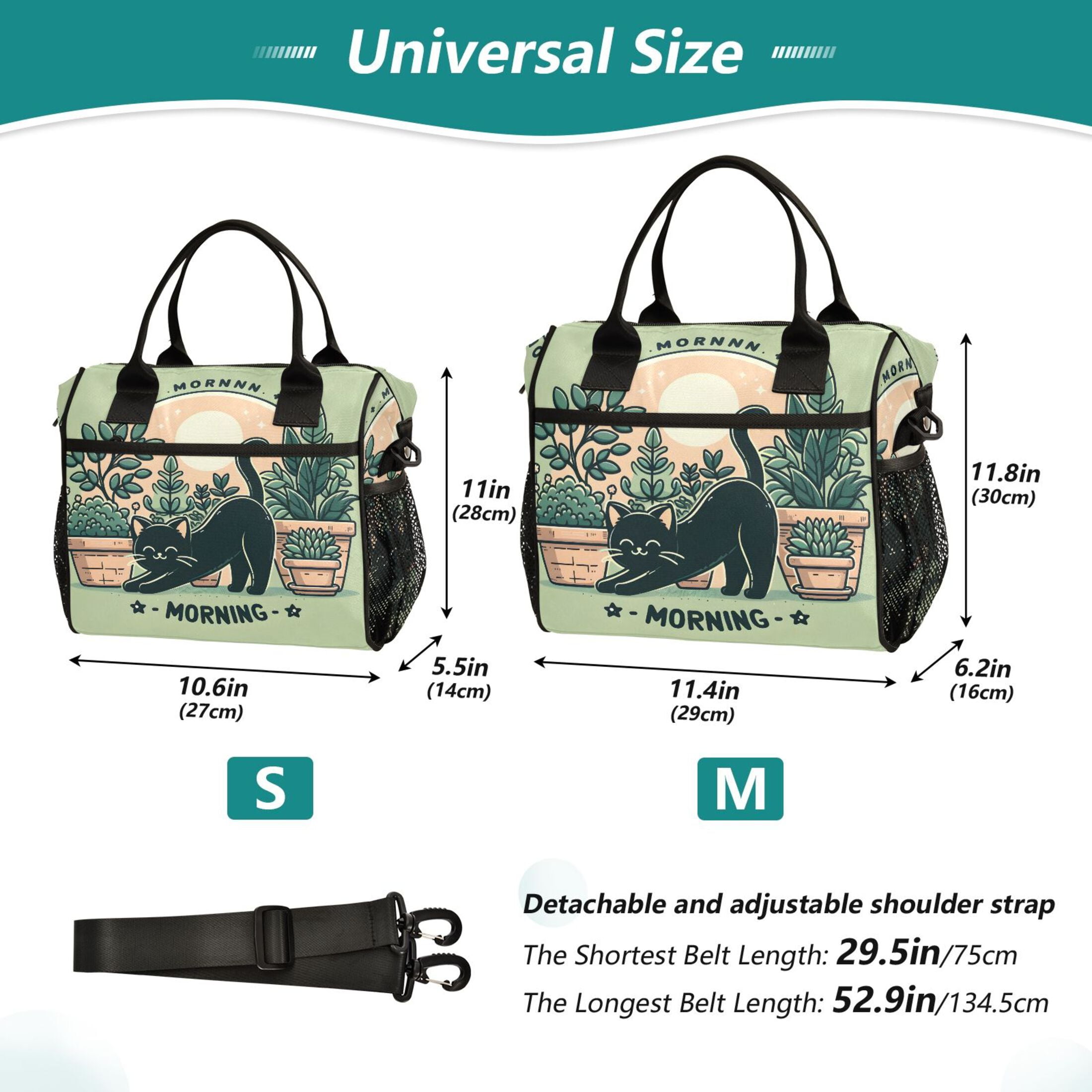 ALAZA Morning Black Cat Insulated Lunch Bag Reusable Tote Box Adjustable Shoulder Strap for Work Picnic