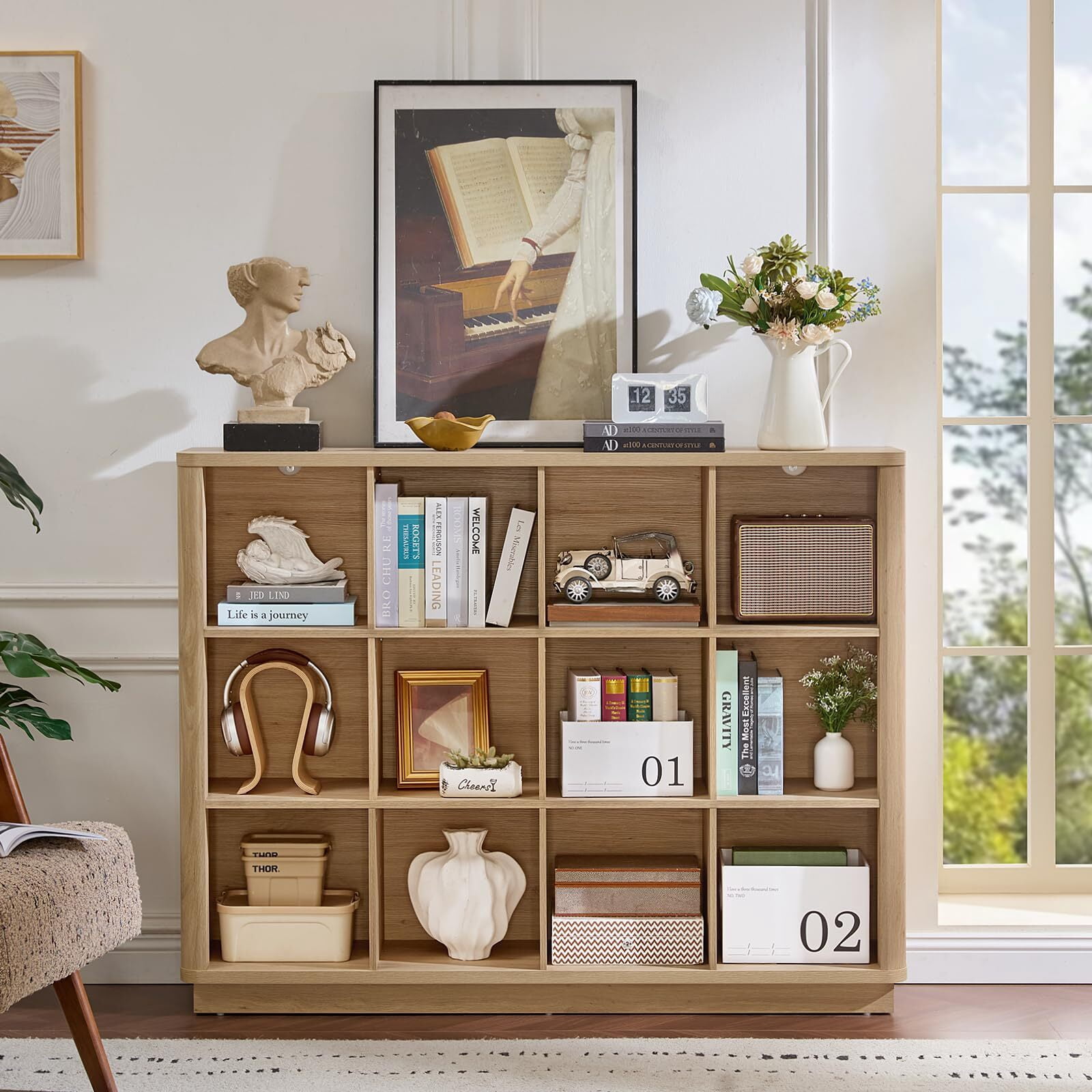 Buildhom 12-Cube 3-Tier Storage Bookcase, 41" Tall Floor Standing Bookshelf with Curved Edge for Living Room, Office, Natural