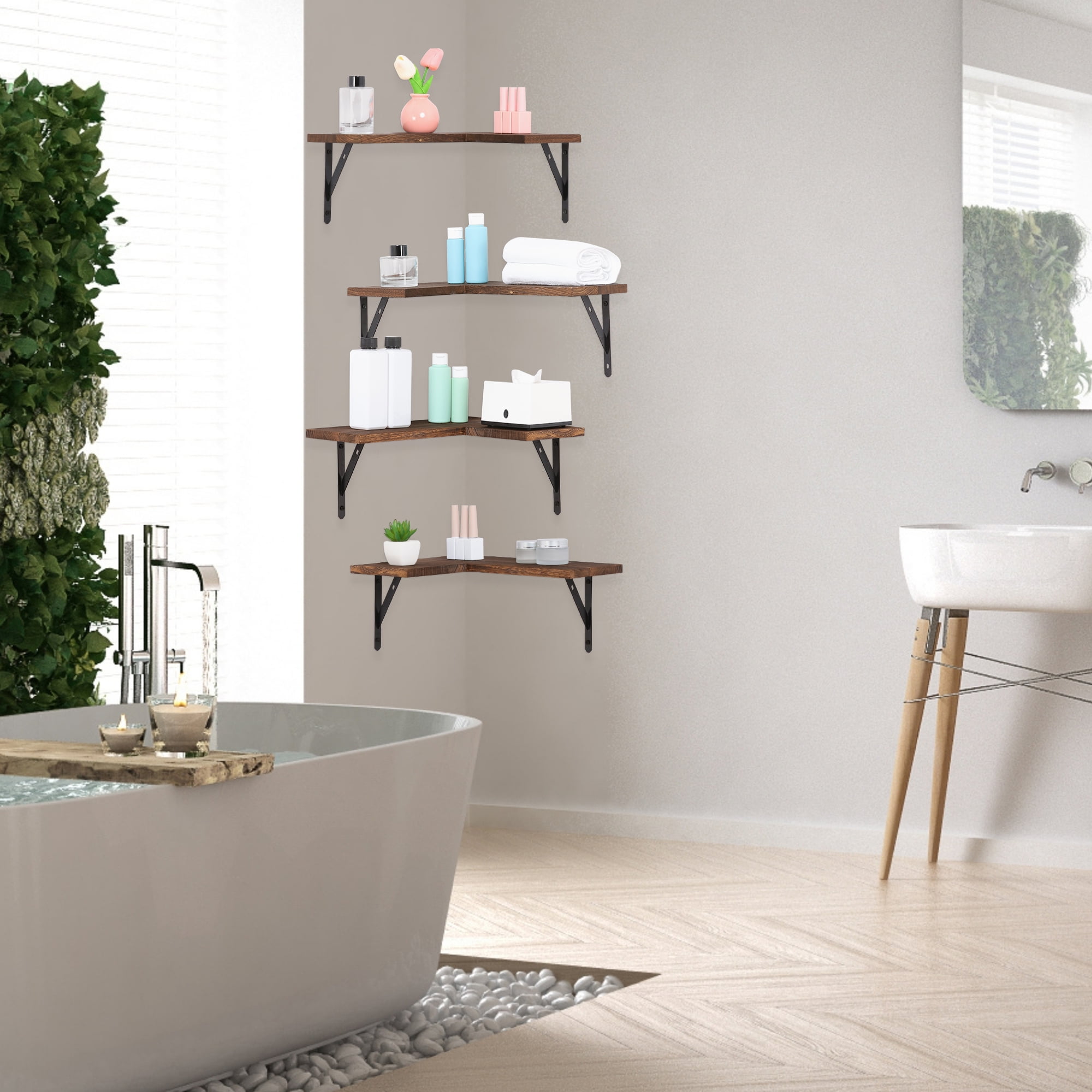 REGALWOVEN Wood Floating Shelves Set of 4, Wall Mounted Shelves for Bathroom and Kitchen Wall Decor Dark Brown 16*11.4in