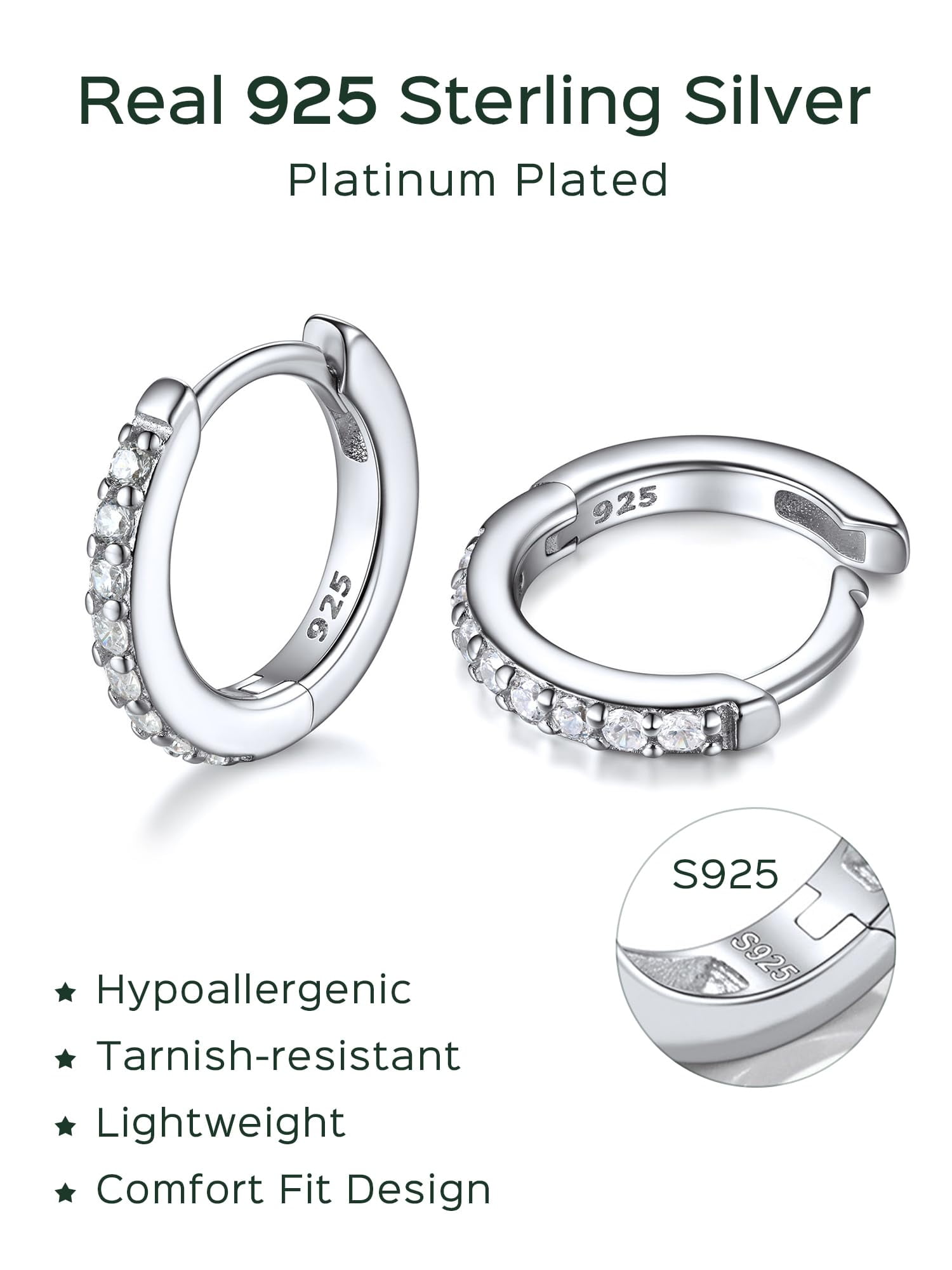 ChicSilver Silver Mini Huggie Hoop Earrings 925 Sterling Silver Earrings Cubic Zirconia Hoop Earrings for Women Cartilage Earrings Hypoallergenic 8MM