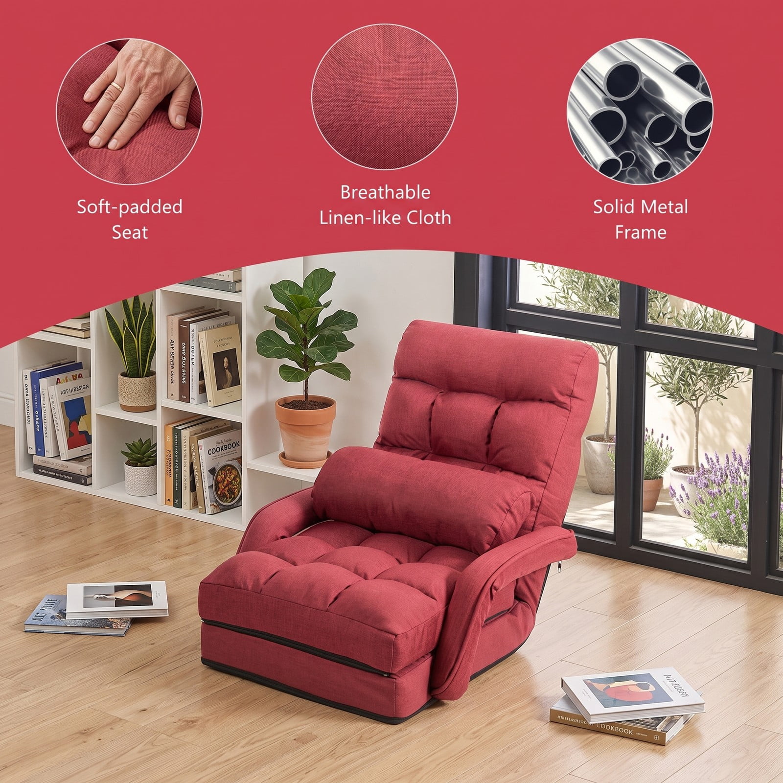 Furnibear Folding Lazy Floor Chair Sofa with Armrests and Lumbar Pillow, 6-Position Adjustable Padded Gaming Meditation Recliner for Living Room Bedroom, Red