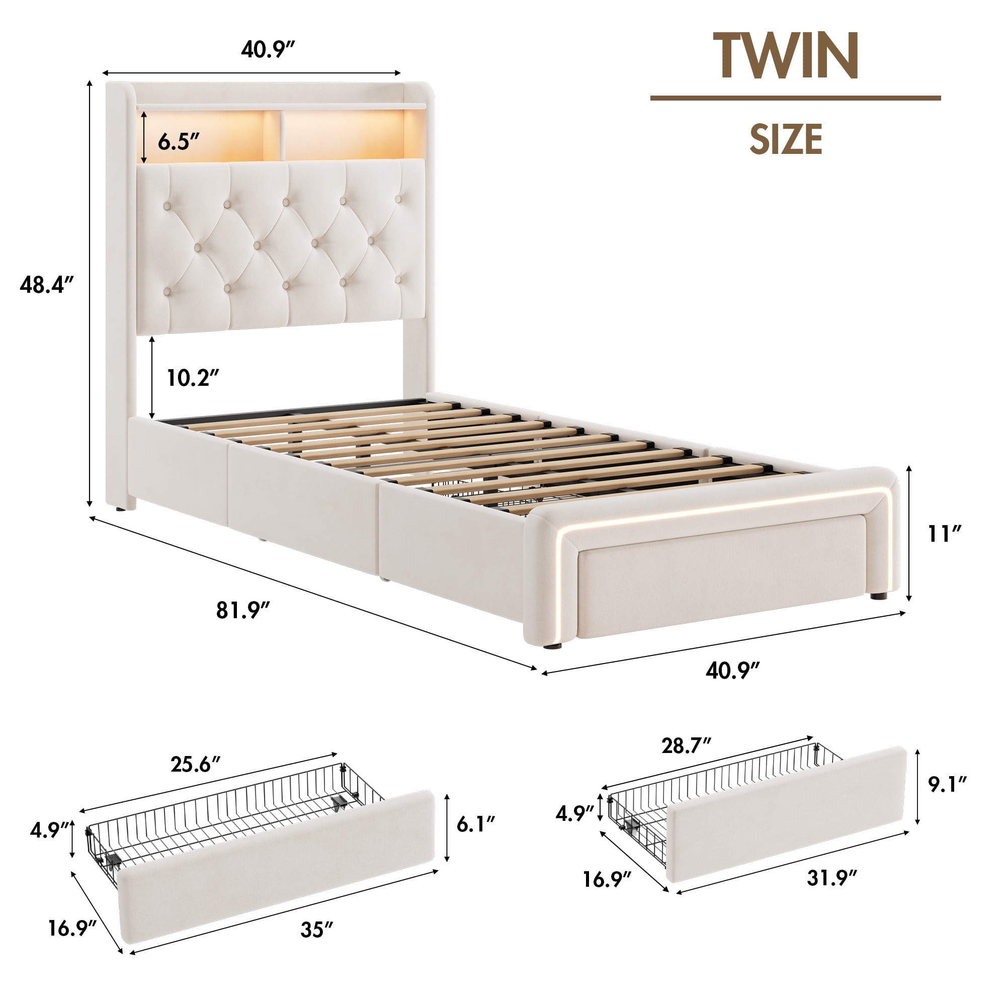 BSHTI TWIN Size Beige Velvet Upholstered Platform Bed Frame with LED Storage Headboard, Charging Station, Underbed Drawers, Tufted Design, No Box Spring Needed, Modern Bedroom Furniture (Beige)