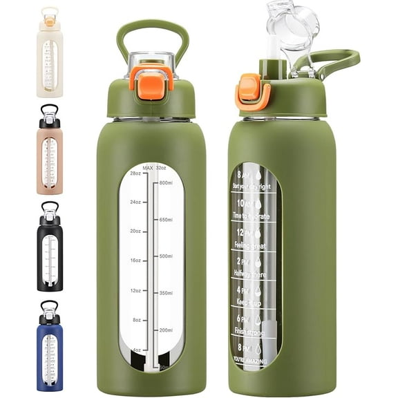 32 oz Glass Water Bolttles with Straw Large Motivational Water Bottle with Time Marker Sports Water Bottles with Silicone Sleeve and Handle Lid Water Jug for Gym Workout