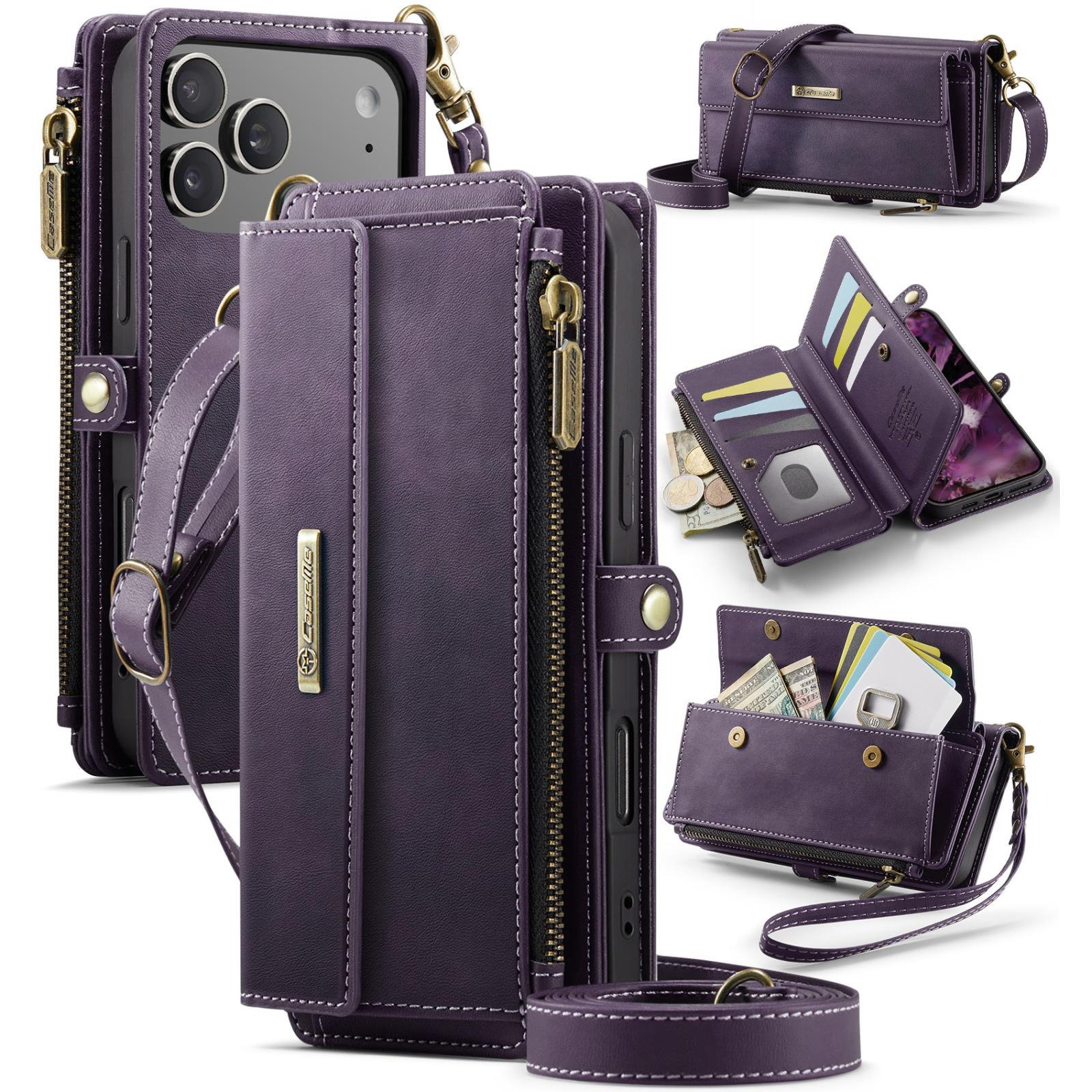Moreoy Crossbody Foilio Wallet Case For iPhone 17 Pro Max with RFID Blocking Card Slots, Cash Holder, Zipper Pocket Purse and Wrist Shoulder Strap, PU Leather Flip Stand Protective Phone Cover,[Color