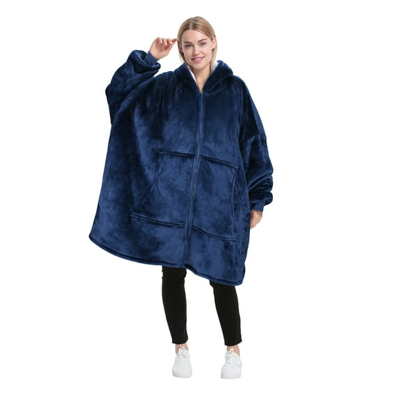 Catalonia Oversized Hoodie Blanket with Zipper, Wearable Sherpa Sweatshirt Pullover, Soft Warm Comfortable Jacket for Adults Men Women, Navy