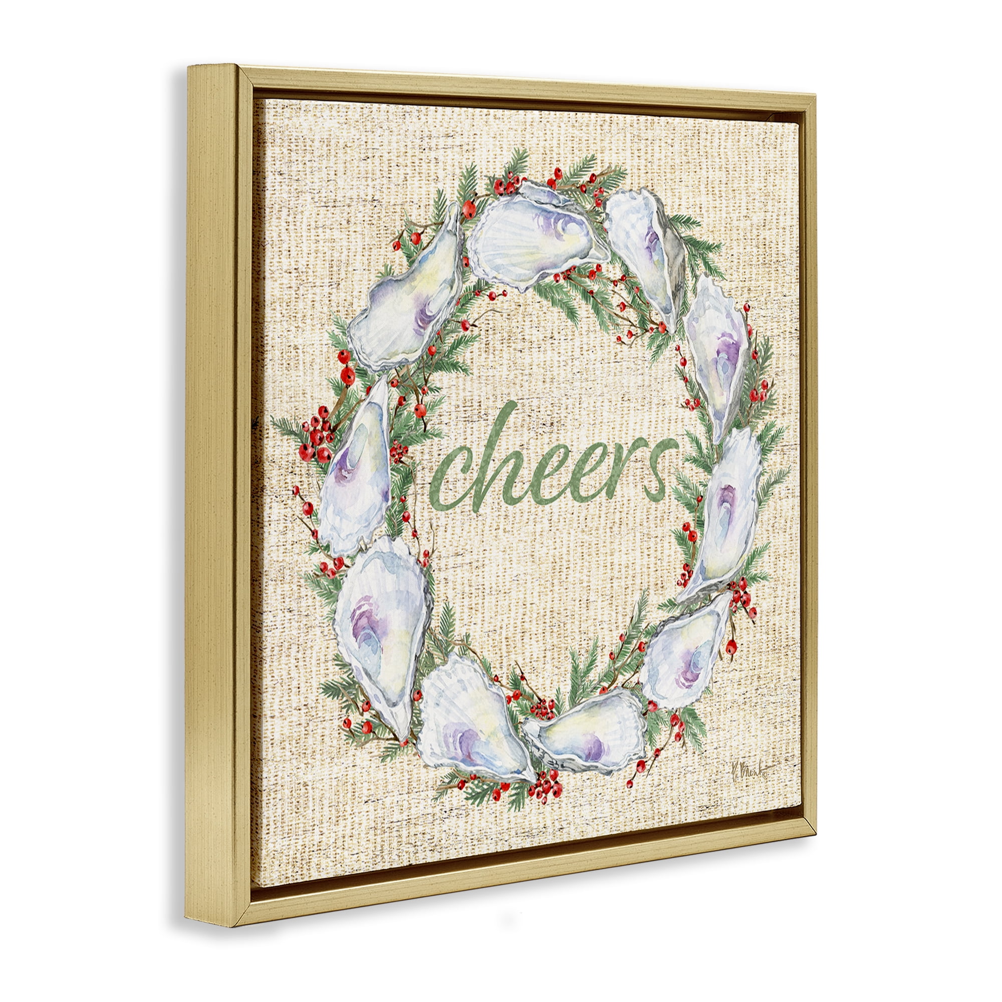 Stupell Industries Shells & Holly Wreath Holiday Painting Gold Floater Framed Canvas Art Print Wall Art, 18 x 18