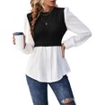 thumbnail image 3 of Camisa de Mujer con Botones y Diseño Patchwork, Larga, Cuello Redondo, Dos en , de Punto Canalé, con Volantes. Negro M, 3 of 8