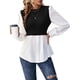 thumbnail image 3 of Camisa de Mujer con Botones y Diseño Patchwork, Larga, Cuello Redondo, Dos en , de Punto Canalé, con Volantes. Negro S, 3 of 8