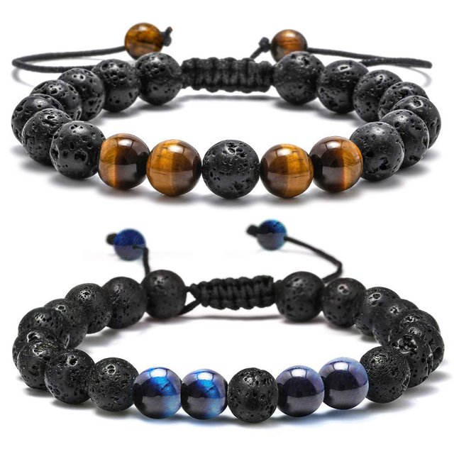 Conjunto de pulsera de piedra volcánica ajustable con piedra de lava tejida de ojo de tigre y turquesa