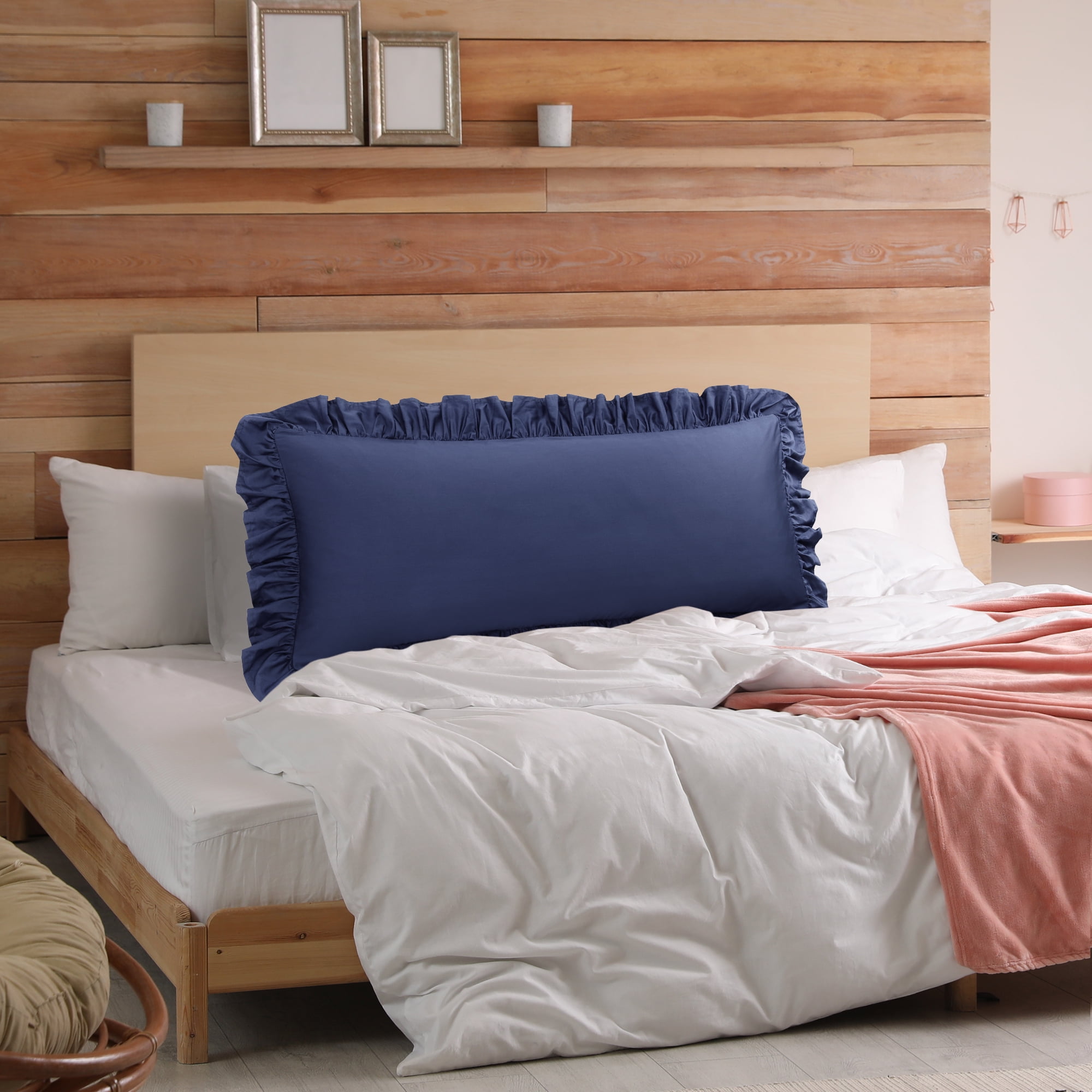 Unique Bargains 1Pc 100% Cotton Envelope Closure Body Ruffled Pillowcase Navy Blue 20"x48"