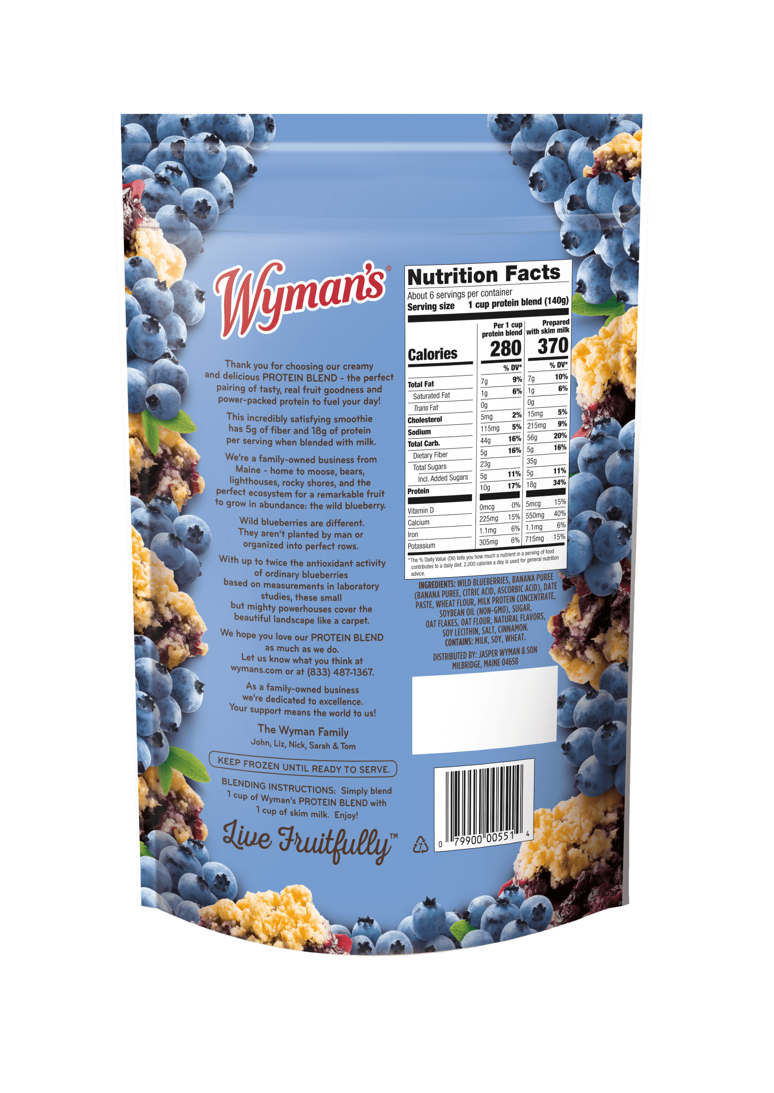 Wyman’s Protein Blend, Wild Blueberry Crumble, 2lb Bag (Frozen)