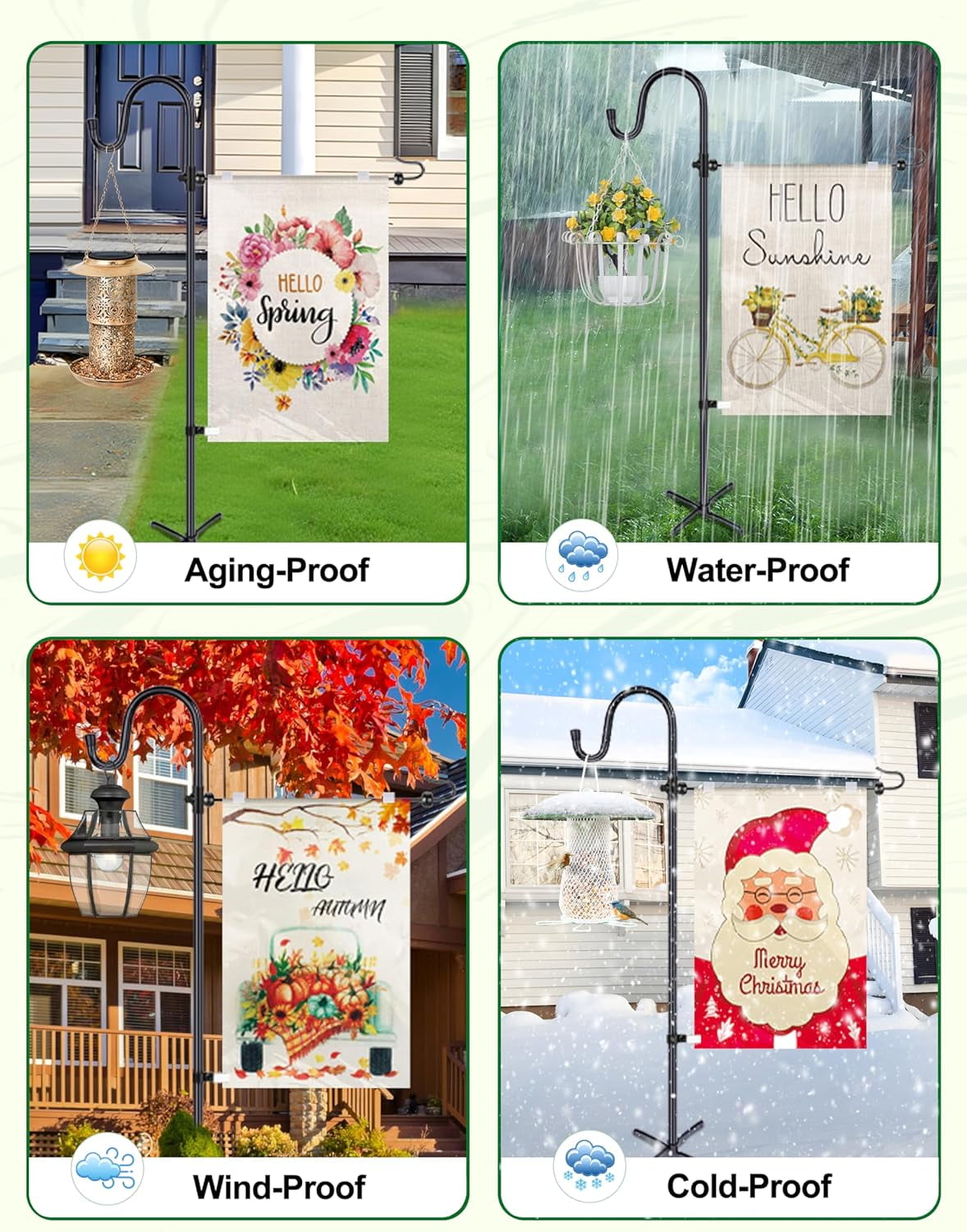 Garden Flag Holder Stand with Shepherd Hook for 14'' x 20'' Flags Upgraded Flagole with 2 Spring Stoppers and 1 Clip, Yard Garden Flag Holder for Flags Weather-Proof (Without Solar Lights & Flag)