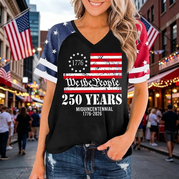 LINGLANG Fourth of July Shirts for Women, Patriotic American Flag V Neck T Shirt, Summer Casual July 4th USA 250th Anniversary Graphic Tee Tops