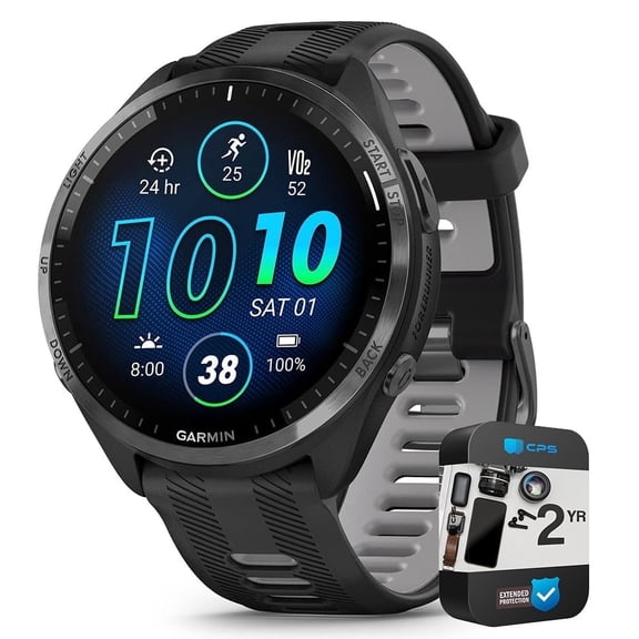 Garmin 010-02809-00 Forerunner 965 Running Smartwatch Black and Powder Gray Bundle with 2 YR CPS Enhanced Protection Pack