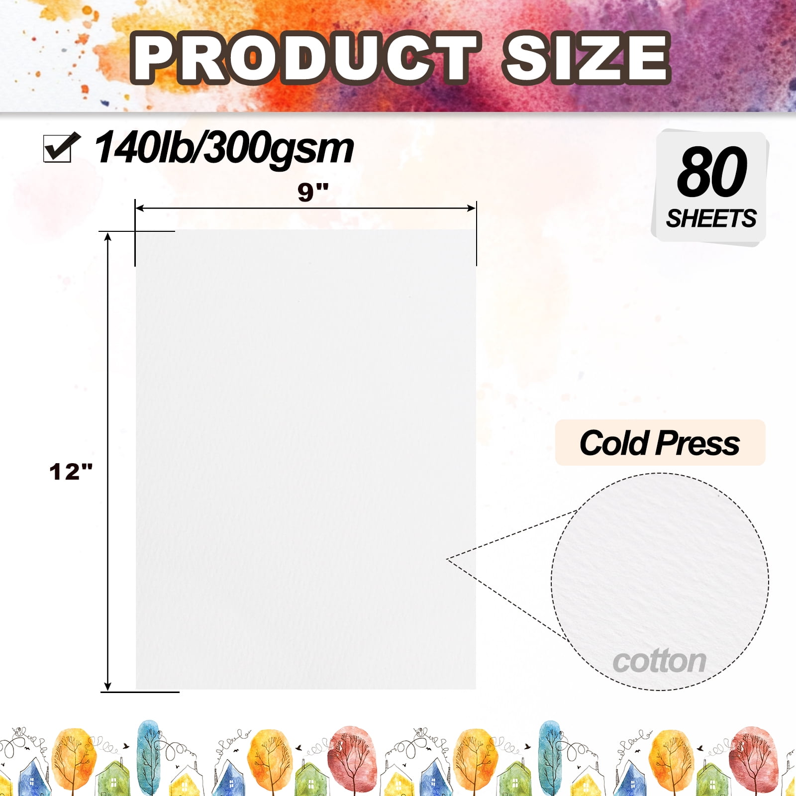 Uxcell 80 Sheets Cotton Watercolor Paper 140lb/300 GSM Cold Press Water 9x12 Inch