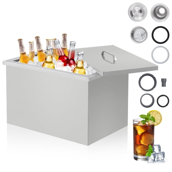 Glacière Coffre à Glace Encastrée en Acier Inoxydable pour Cuisine et Bar Extérieurs - Grande Capacité 25 Qt, Couvercle, Tuyau de Vidange et Bouchon, Rétention de Froid 24 H, Argent, Couvercle Portable, 20 X 13 X 12 Po
