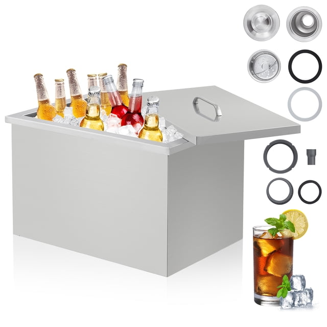 Drop in Ice Chest 20l x 13w x 12h Inch Stainless Steel Ice Cooler with Sliding Cover Drop in Ice Bin Included Drain-Pipe and Drain Plug for Cold Wine Beer