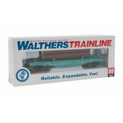 Walthers Trainline Log Dump Car with 3 Logs - Ready to Run Union Pacific #14972 (MOW Scheme, Green, Yellow Conspicuity Marks)