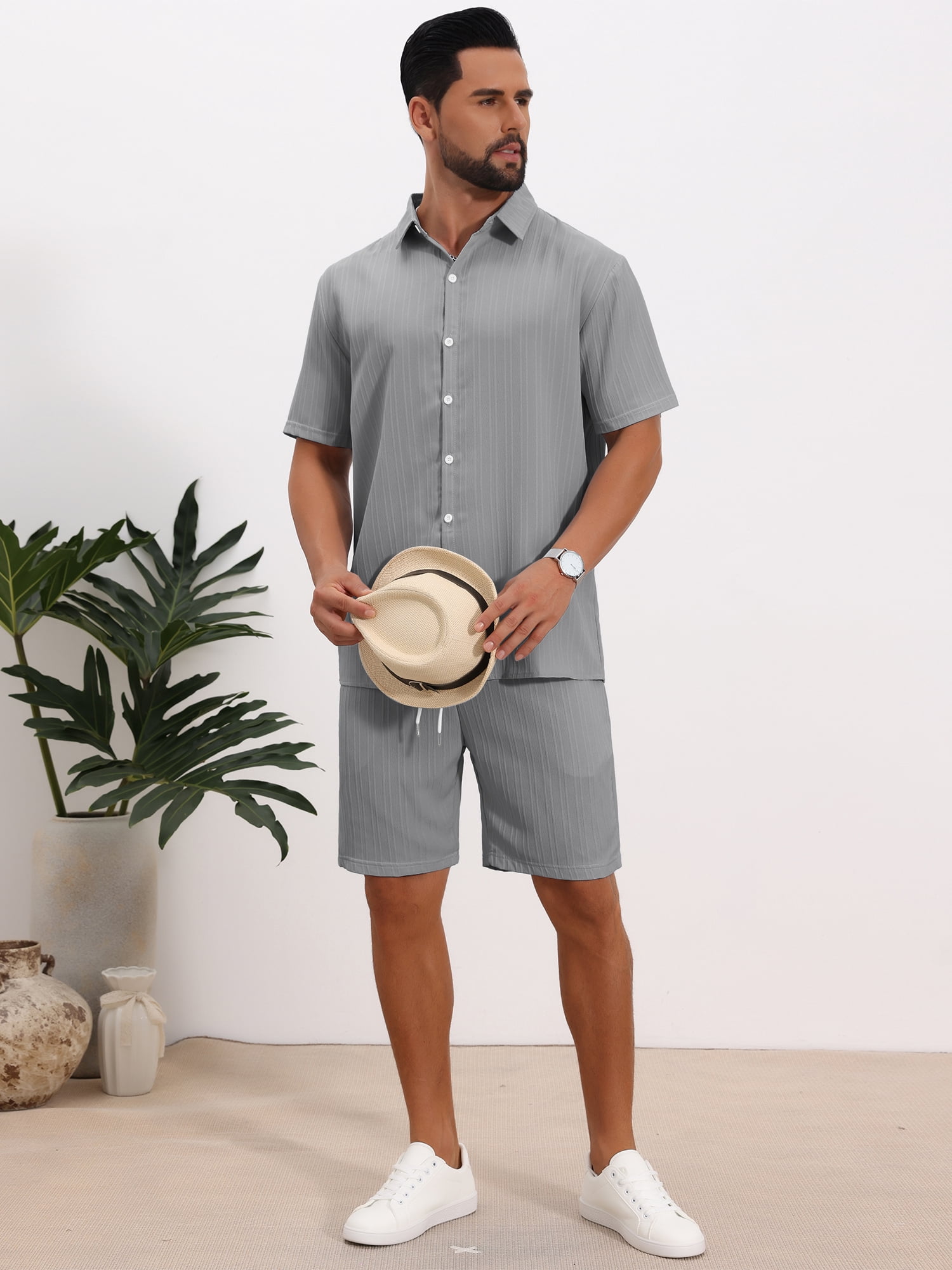 DARING DIVA Men's 2 Pieces Beach Shirt & Shorts Striped Textured Outfits 3XL Gray