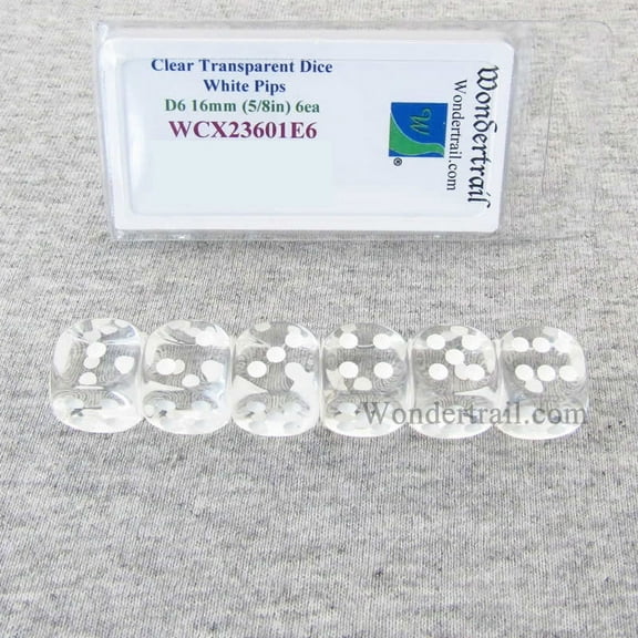 Clear Translucent Dice with White Pips D6 16mm (5/8in) Pack of 6 Wondertrail