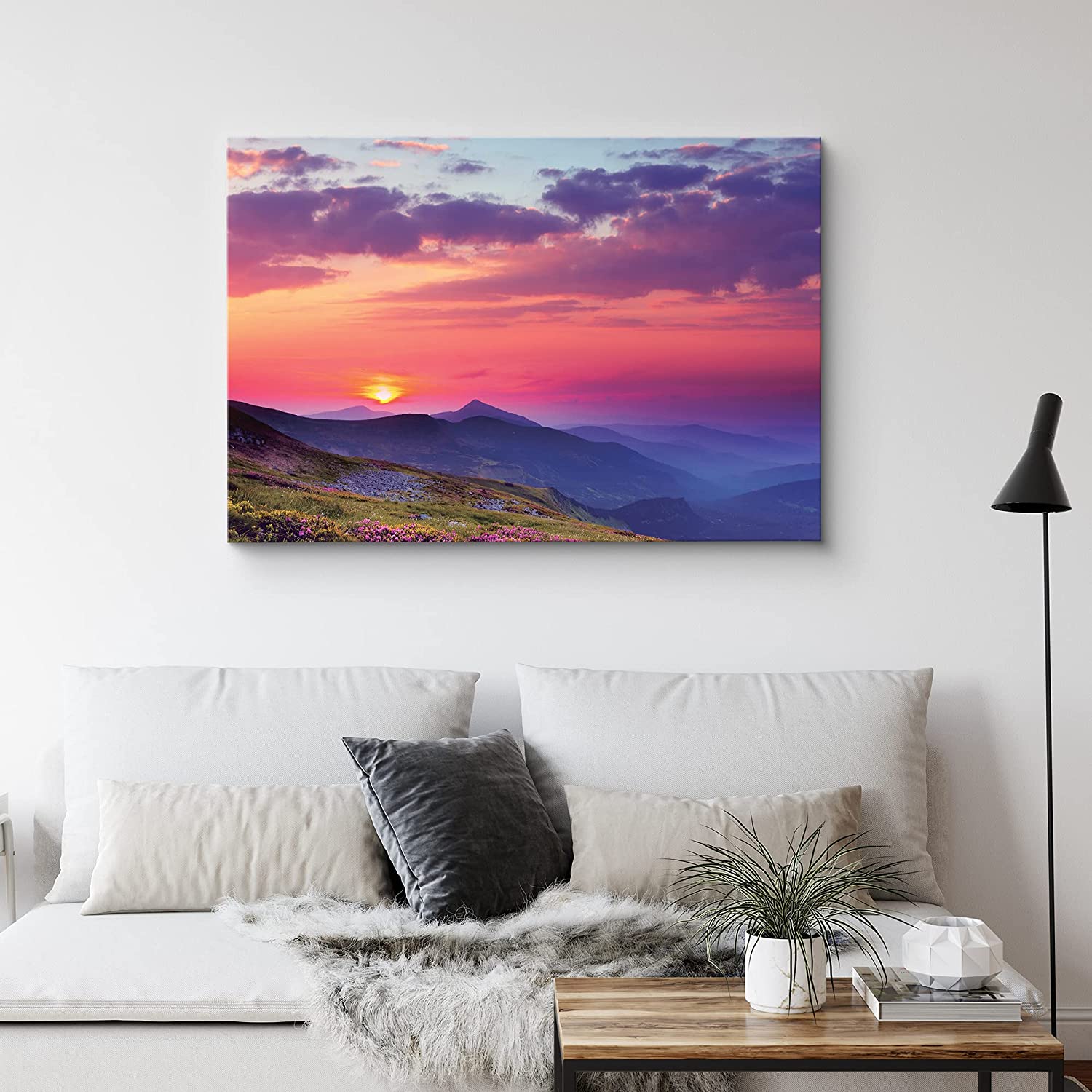 IDEA4WALL Canvas Wall Art Red, Orange Sunset Over Purple Skyline and Blue  Mountains and Valley Landscape Wilderness Photography Realism Traditional  for Living Room, Bedroom, Office 32